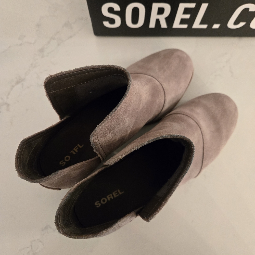 Sorel Cate Cut-Out Bootie Ankle Boot Block Heel Waterproof Leather Gray Beige 7 - Picture 7 of 8